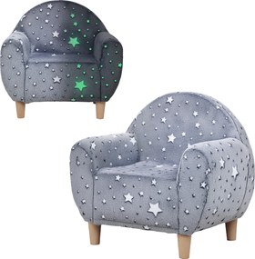 Poltrona infantil fosforescente com padrão de estrelas, tecido de veludo cinzento