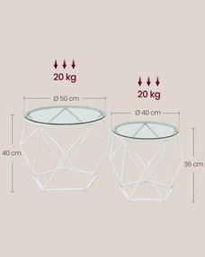 Conjunto de 2 mesas de sala de estar modernas em branco e transparente