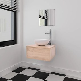 273686 vidaXL Conjunto móveis casa de banho 4 pcs com bacia e torneira, bege
