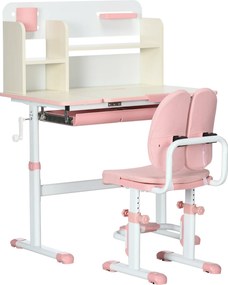 Conjunto de Secretária e Cadeira para Crianças com Altura Ajustável Gaveta Prateleiras e Bancada Inclinável 80x52x88-109 cm Rosa e Branco