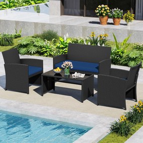 Conjunto de jardim em rattan com 4 peças: sofás de 2 lugares, mesa de vidro temperado e almofadas para exterior, varanda ou piscina, Preto+Azul escuro