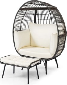 Conjunto de cadeira grande Jardim em forma de ovo com apoio para os pés em rattan PE com almofadas macias Castanho