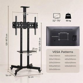 Suporte para TV com Rodas 32"-75" Altura Regulável Inclinação ±15° e 2 Prateleiras Preto