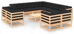 12 pcs conj. lounge jardim c/ almofadões antracite pinho maciço