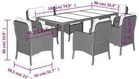 7 pcs conjunto de jantar p/ jardim c/ almofadões vime PE cinza