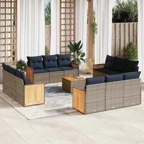 vidaXL 13 pcs conjunto sofás p/ jardim c/ almofadões vime PE cinzento