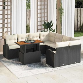vidaXL Conjunto de Jantar de 9 Peças com Almofadas Preto Poli-Rattan Acácia