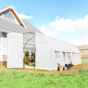 Estufa de Túnel 6x3x2 m com Porta de Dobradiças,12 Janelas com Rede e Estrutura de Aço Galvanizado Branco