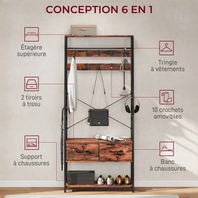 Móvel de entrada 6 em 1: cabideiro, varão para roupa, prateleira, 2 gavetas, 10 ganchos, 80 x 30 x 180 cm, castanho rústico