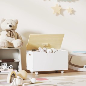 Baú de Brinquedos com Rodas com Tampa Abatível e Dobradiça de Segurança Desenho de Nuvem  59x30x53 cm Branco e Madeira