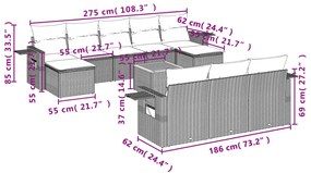 11 pcs conjunto sofás de jardim c/ almofadões vime PE cinzento