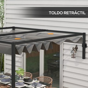 Pérgola de Parede 297x211x220 cm Pérgola de Jardim com Teto Retrátil e Estrutura de Aço Pérgola para Pátio Exterior Cinza Escuro