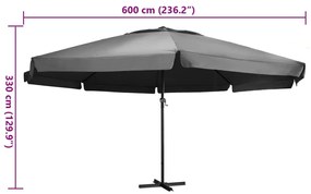 Guarda-sol de jardim c/ poste de alumínio 600 cm antracite