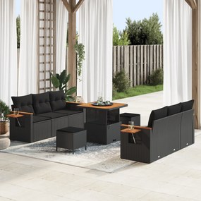 Conjunto de Sofá de Jardim de 9 Peças com Almofadas Vime Polipropileno Preto Acácia
