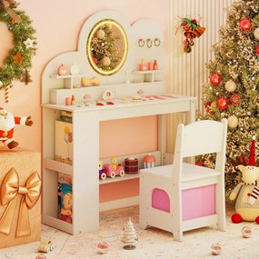 Toucador infantil com luzes e cadeira de princesa com 2 gavetas e Estante de 2 níveis, 3 ganchos e 2 prateleiras abertas Branco