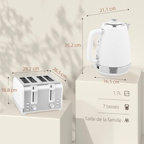 Conjunto de chaleira e torradeira, com chaleira em aço inoxidável de 1,7 L e 2200 W e torradeira para 4 fatias, branca