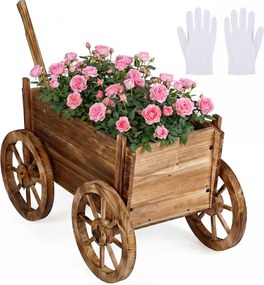 Floreira jardim em forma de carrinho de madeira 78 x 45 x 72 cm, suporte rústico para flores com rodas, alça e orifício de drenagem, ideal para vegeta
