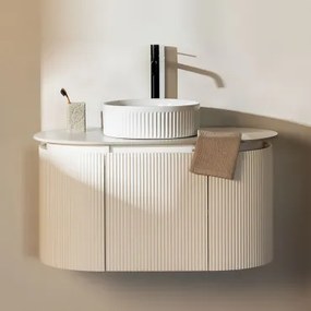 Conjunto De Móvel De Casa De Banho Suspenso Em Madeira Carsone Branco & Sem Unidade Auxiliar & Cerâmica Redonda Riscas Brancas Ø36 Cm - Sklum