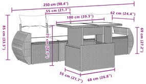 5 pcs conjunto sofás de jardim c/ almofadões vime PE cinzento
