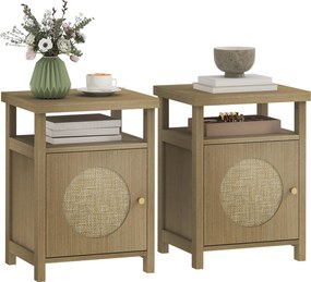 Conjunto de 2 mesas de cabeceira estreitas  40 x 35 x 55 cm,, com prateleira auxiliar, compartimento aberto e armário, acabamento em rattan, castanhas