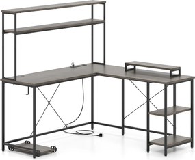 Secretária 145 x 145 x 147 cm em forma de L convertível com tomadas e portas USB e iluminação inteligente cinzento