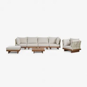 Conjunto De Sala De Estar Com Sofá Modular De 4 Peças Com 2 Cadeiras De Canto, Mesa De Centro, Poltrona E Pufe Em Madeira De Acá Castanho Acácia -