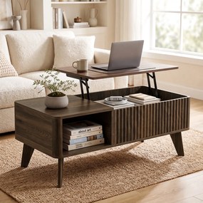 Mesa de Centro Elevatória 100x48x41 cm com Compartimento Oculto e Prateleiras Abertas 100x48x41-56 cm Cor Nogueira