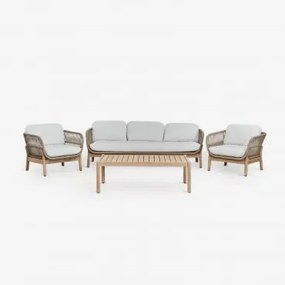 Conjunto De Jardim Com Sofá De 3 Lugares, 2 Poltronas E Mesa De Centro Em Madeira De Acácia E Corda Trançada Karvia Marrom Acácia Claro & Tecido Branc