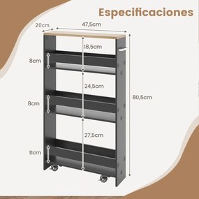 Carrinho de cozinha estreito 47,5 x 20 x 80,5 cm de 4 níveis com rodas com pega e estantes abertas para espaços pequenos Cinzento