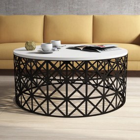 Mesa de Centro Selin Metal Ferforje – Branco/Preto – 90x90x38 cm