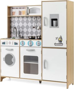 Cozinha de brincar em madeira 91 x 30 x 102 cm com máquina de gelo, fogão, máquina de lavar, forno, micro-ondas, sons e luzes reais para crianças com