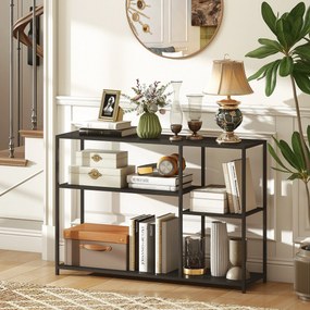 Mesa consola estreito 110 x 30 x 75 cm com 4 prateleiras, estilo industrial, estrutura em aço, preta
