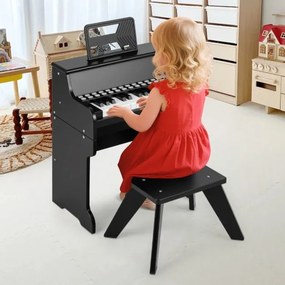Piano de brincar com 25 teclas para crianças 38 x 24 x 47 cm, com banco e suporte, velocidade e volume ajustáveis, modo de aprendizagem, design em mad