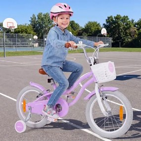 Bicicleta Infantil para Menina 4-7 Anos, 114,5 x 56 x 71,5-77 cm, Rodas de Apoio Removíveis, Roxo