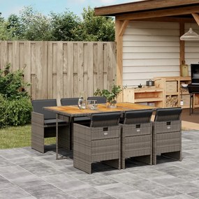 7 pcs conjunto de jantar p/ jardim c/ almofadões vime PE cinza