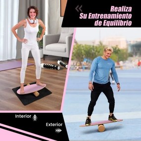 Painel de equilíbrio em madeira com rolo e manta para treino de skate, hóquei, snowboard e surf rosa