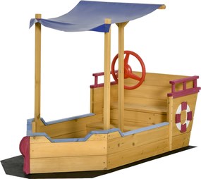 Caixa de areia em forma de barco pirata em madeira - Tela de sombra, baú de arrumação, leme - Madeira de abeto pré-oleada 160x70x103 cm