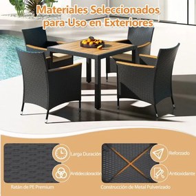 Conjunto de jantar de Jardim de 5 peças para 4 pessoas Conjunto de rattan com orifício para guarda-sol, almofadas e superfície em acácia Preto
