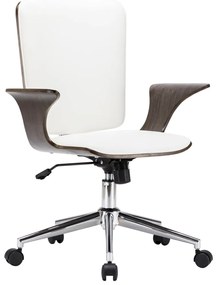 Cadeira escritório c/ rodas couro artif. branco/madeira curvada
