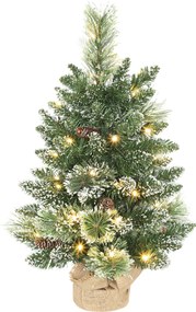 HOMCOM Mini Árvore de Natal Artificial com 35 Luzes LED 60 cm 64 Ramos com Neve Pinha Bagas e Base de Saco de Juta Ø41x60 cm Verde | Aosom Portugal