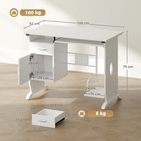 Secretária para computador, 100 x 52 x 75 cm, prateleira deslizante para teclado, gavetas e suporte para unidade central, branca