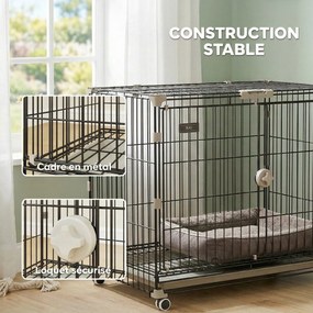 Gaiola dobrável para cães 75,5 x 46 x 64,5 cm, tabuleiro removível, rodas com travões, teto abrível com fecho de segurança, preta