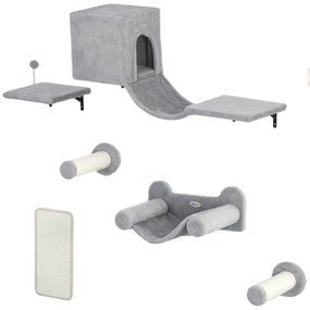 PawHut Conjunto de Prateleiras de Escalada para Gatos de 6 Peças com Placa para Arranhar e Poste de Sisal Cinzento | Aosom Portugal