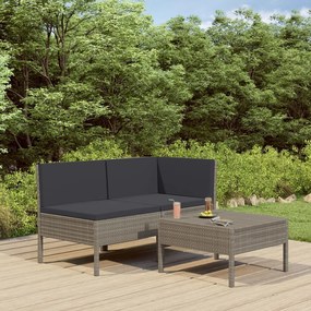 vidaXL 3 pcs conjunto lounge de jardim c/ almofadões vime PE cinzento