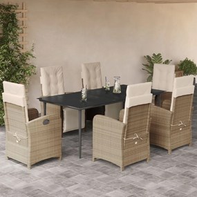 7 pcs conjunto de jantar p/ jardim com almofadões vime PE bege