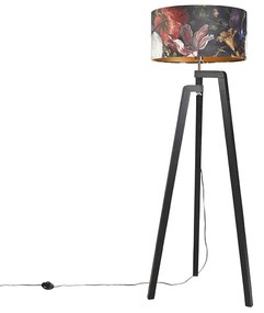 Candeeiro de pé tripé preto com cúpula com design floral 50 cm - Puros Clássico / Antigo