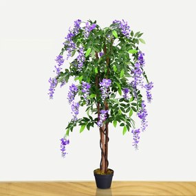 Flor artificial de glicínia 150 cm Planta decorativa em vaso roxo para interior.