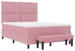 Cama Box Spring com Colchão &amp; Banco Rosa 160x200 cm Veludo