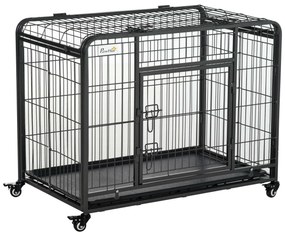 PawHut Gaiola de metal dobrável para cães com rodas e freios Bandeja removível e porta com travas  109,5x71x78 cm Cinza escuro