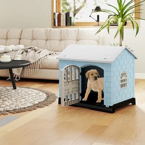 Casota dobrável 75 x 58 x 65 cm de plástico para cães resistente às intempéries para animais de estimação com bandeja sanitária Porta Azul Claro